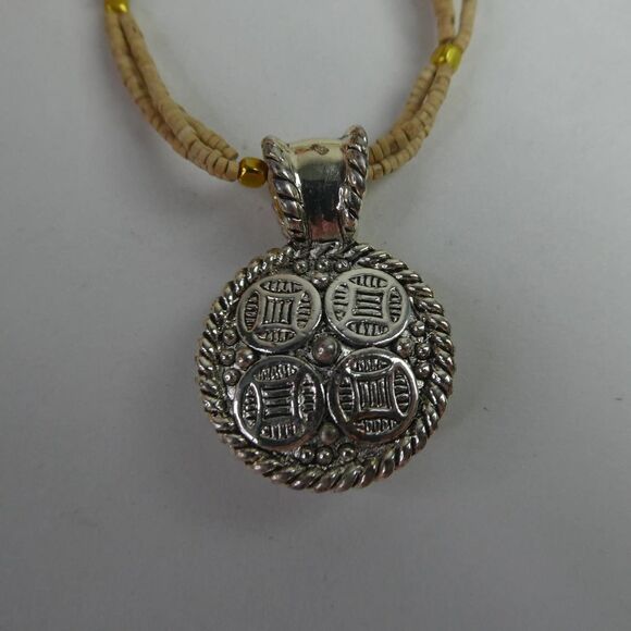 Double Two Multi Strand Beaded Necklace Faux Moonstone Silver Tone Pendant Boho - Picture 9 of 9